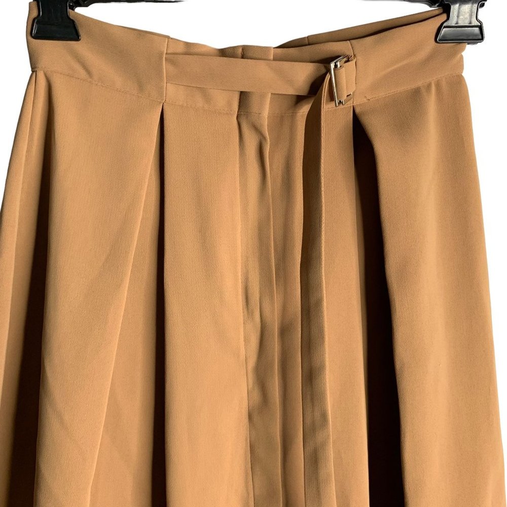 Bless Pleated Midi Swing Skirt M Camel Brown Belted Waist Zip Korean Fashion - Picture 2 of 5
